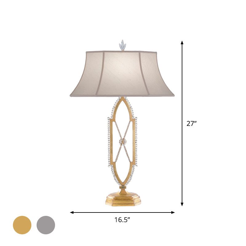 Flared Table Light - Traditional Gold/Silver Fabric Shade Nightstand Lamp With Crystal X-Shape Base