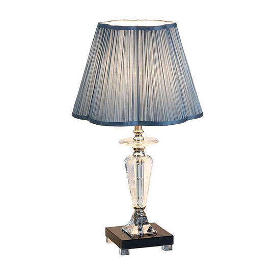 Blue Night Table Lamp With Crystal Urn Base And Floral Trim Shade - Traditional Fabric Lighting For