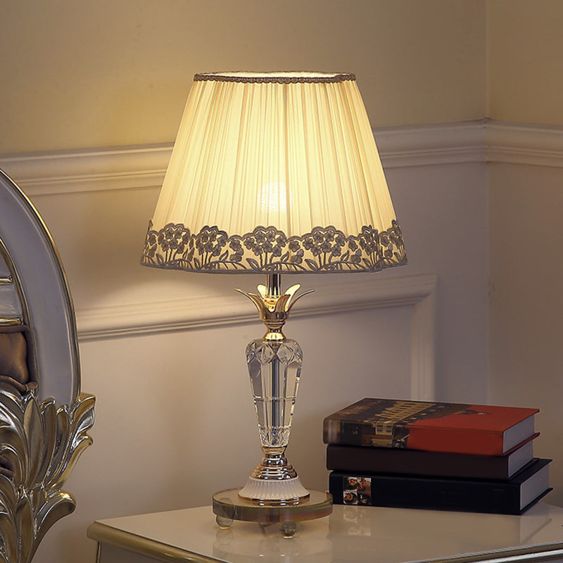 Classic Clear Crystal Nightstand Light With Pleated Fabric Shade - Beige