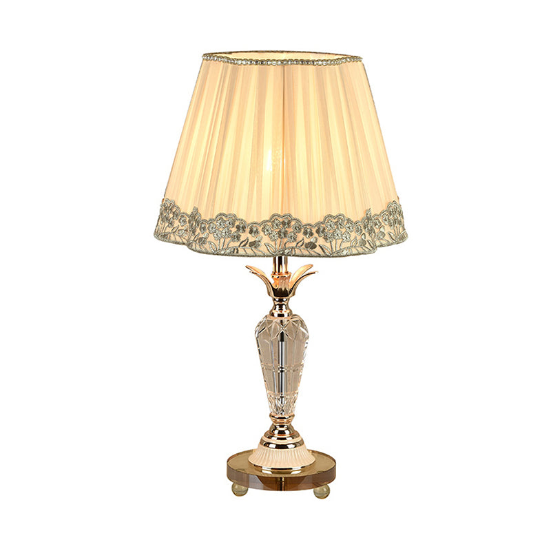 Classic Clear Crystal Nightstand Light With Pleated Fabric Shade - Beige