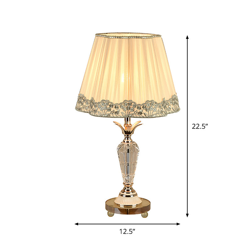 Classic Clear Crystal Nightstand Light With Pleated Fabric Shade - Beige