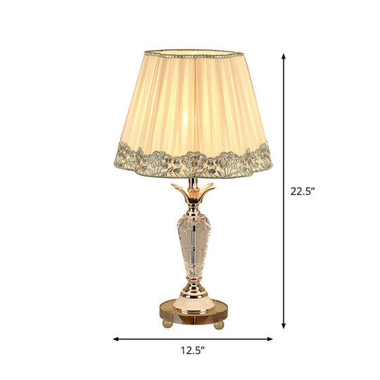 Classic Clear Crystal Nightstand Light With Pleated Fabric Shade - Beige