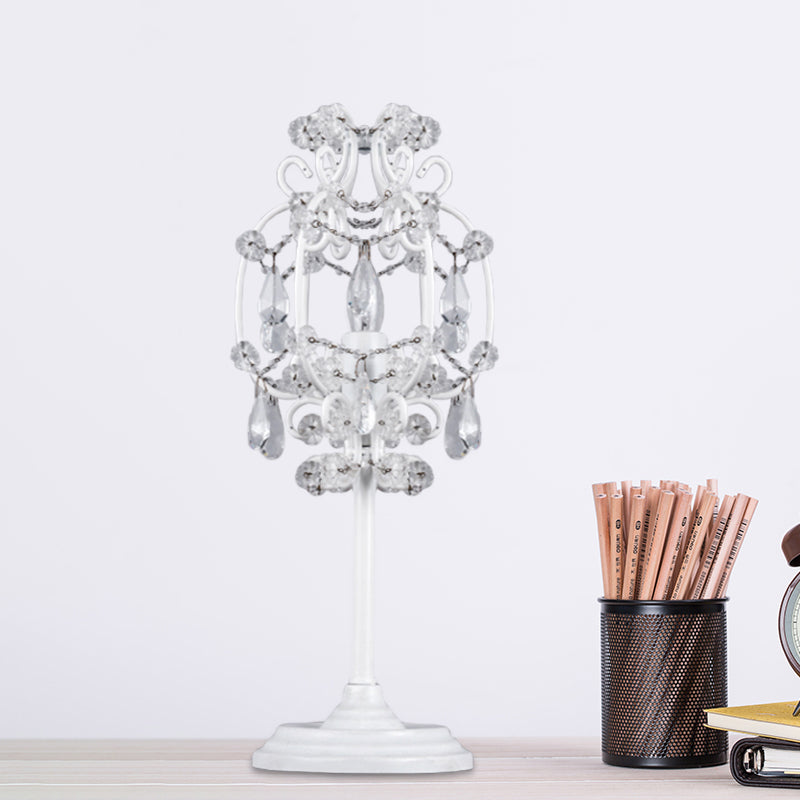 Retro Style Metal Lantern Table Lamp With Clear Crystal Drops - 1-Light Nightstand Lighting In