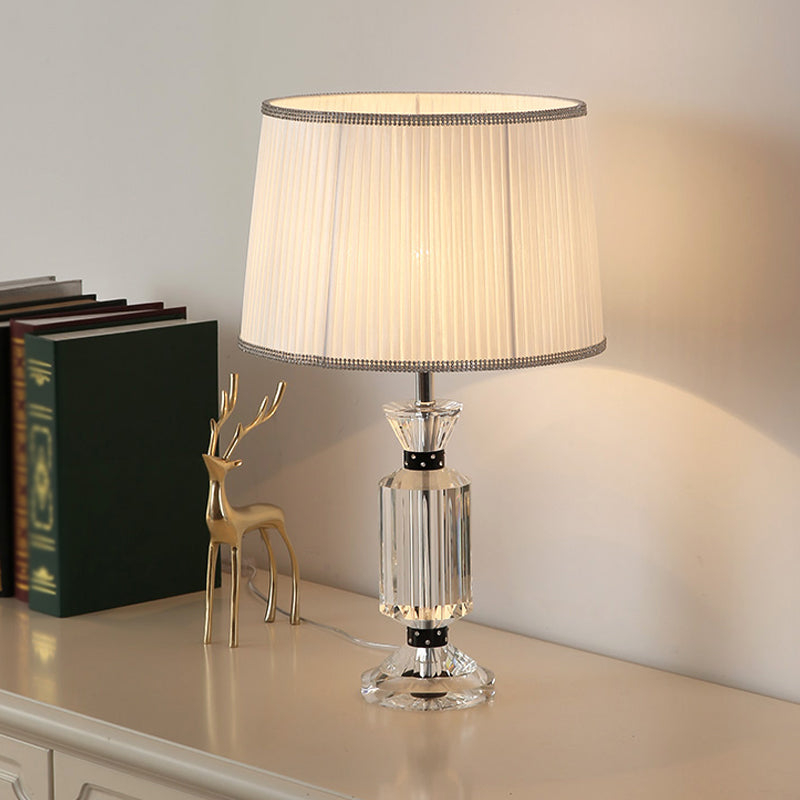 Rural Style Night Table Lamp - Drum Reading Light With Fabric Shade White/Blue Clear Crystal Base