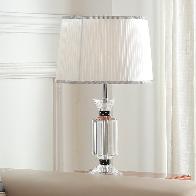 Rural Style Night Table Lamp - Drum Reading Light With Fabric Shade White/Blue Clear Crystal Base