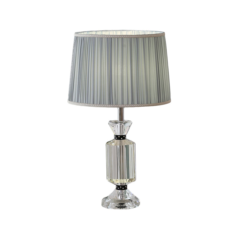 Rural Style Night Table Lamp - Drum Reading Light With Fabric Shade White/Blue Clear Crystal Base