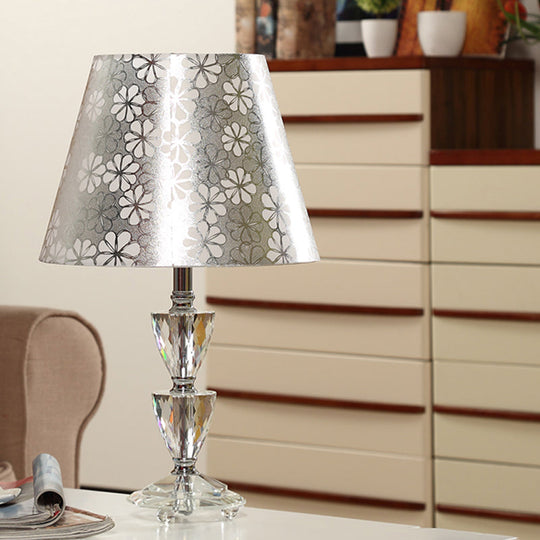 Modern Clear Crystal Globe/Triangle Desk Lamp In White/Silver With Conical Shade Silver