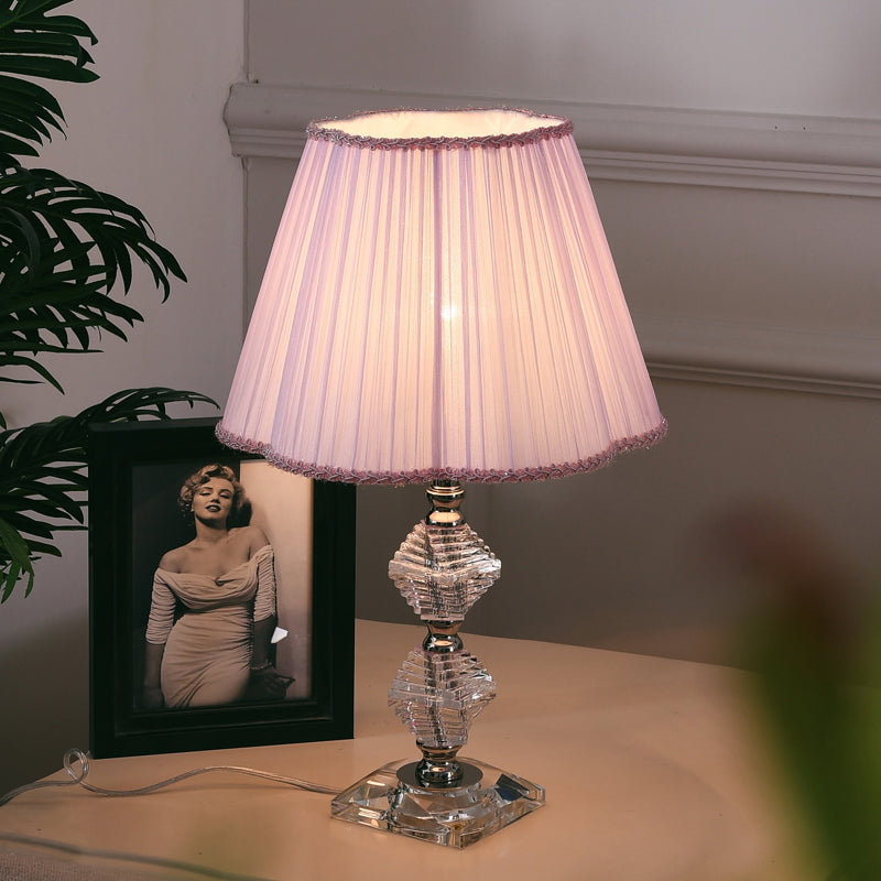 Contemporary Pink Fabric Flower Shade Reading Lamp With Crystal Base- 1 Light Night Table Lighting