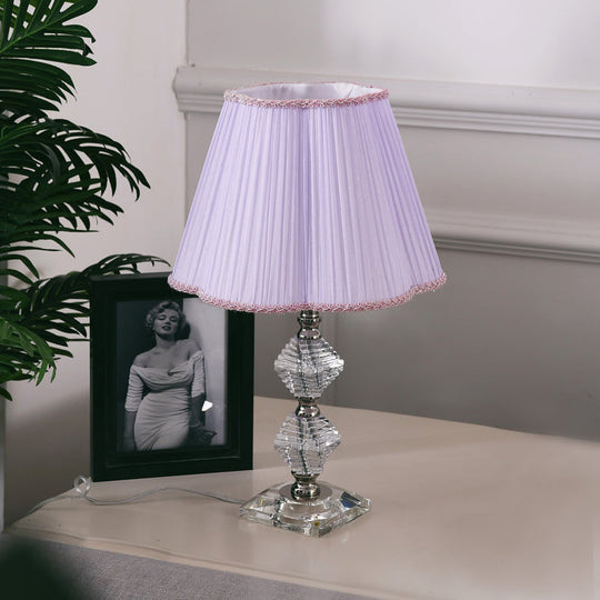 Contemporary Pink Fabric Flower Shade Reading Lamp With Crystal Base- 1 Light Night Table Lighting