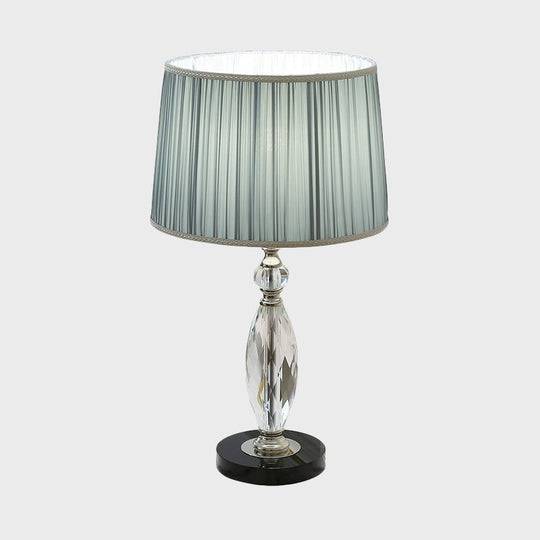 Minimalist Drum Nightstand Lamp With Crystal Base - Grey/Blue Fabric Shade Parlor Or Desk Light