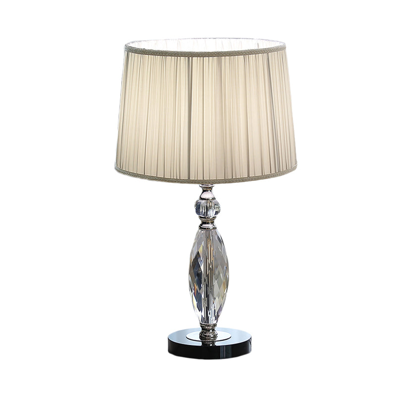 Minimalist Drum Nightstand Lamp With Crystal Base - Grey/Blue Fabric Shade Parlor Or Desk Light