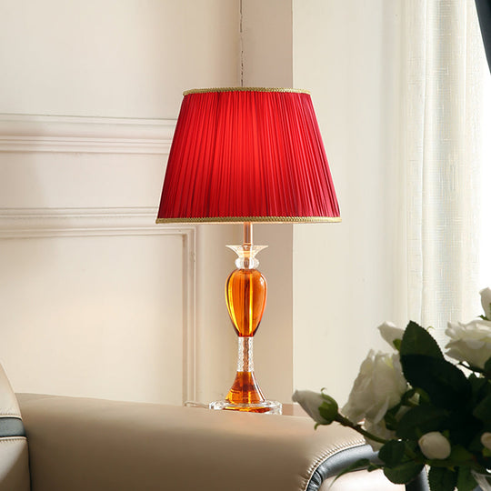 Aldib - Modernist Red Urn Base Night Table Lighting Modernist 1-Head Clear Crystal Reading Lamp with Cone Fabric Shade