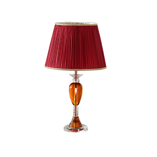 Modernist Red Urn Base Night Table Lamp - Clear Crystal Reading Light With Cone Fabric Shade