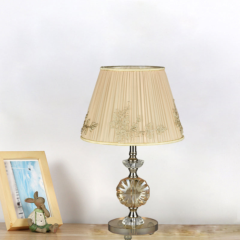 Modern Beige Cone Night Lamp With Flower Design And Fabric Shade - Bedroom Desk Lighting