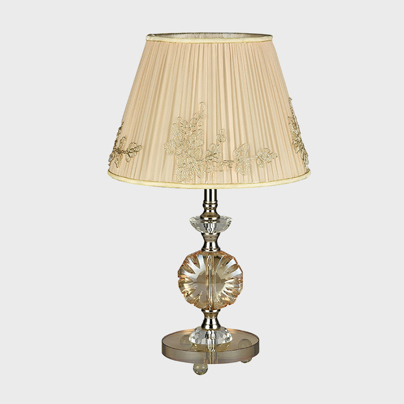 Modern Beige Cone Night Lamp With Flower Design And Fabric Shade - Bedroom Desk Lighting