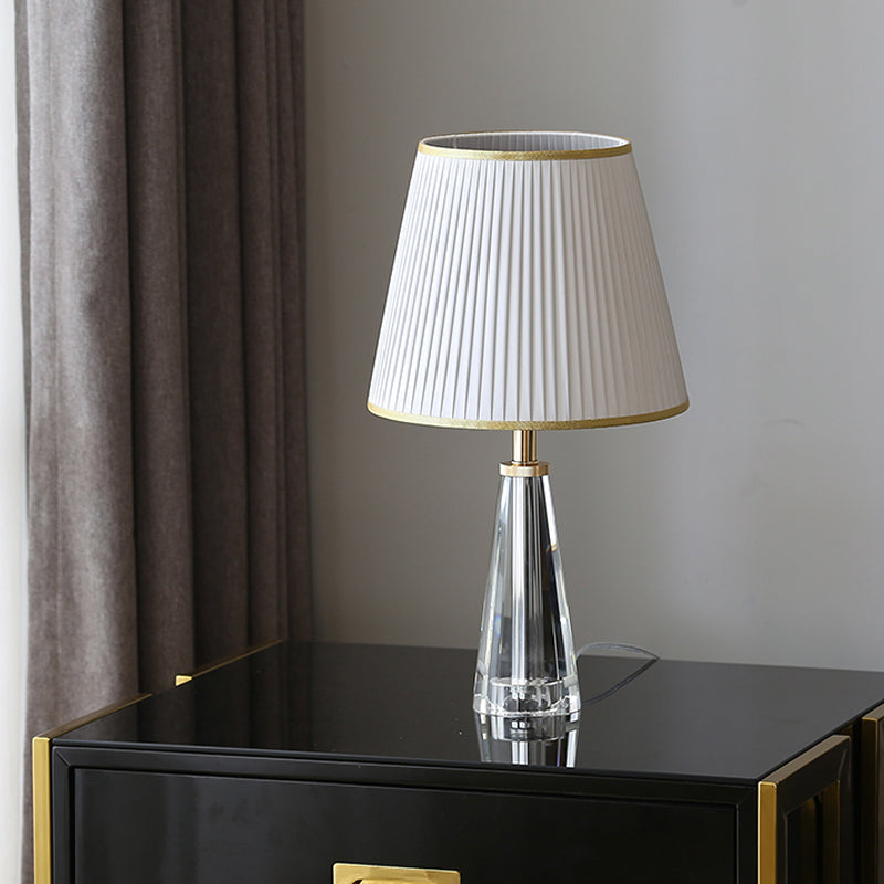 Minimalist Clear Crystal Nightstand Lamp - Conical Desk Lighting With Pleated Shade In