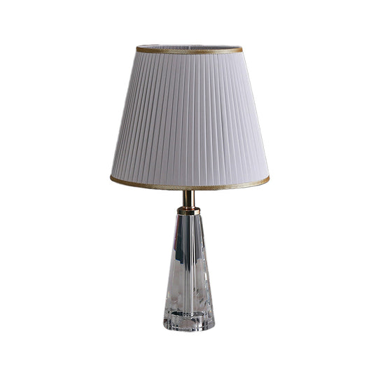 Minimalist Clear Crystal Nightstand Lamp - Conical Desk Lighting With Pleated Shade In