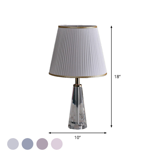 Minimalist Clear Crystal Nightstand Lamp - Conical Desk Lighting With Pleated Shade In