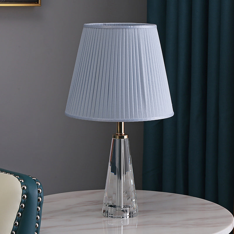 Minimalist Clear Crystal Nightstand Lamp - Conical Desk Lighting With Pleated Shade In