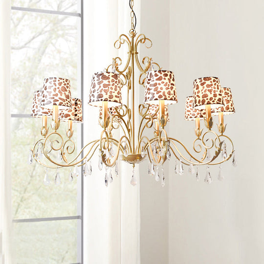 Zebra Print Conical Chandelier With Classic Fabric Shade - 6/8/10 Heads Ceiling Pendant In Gold