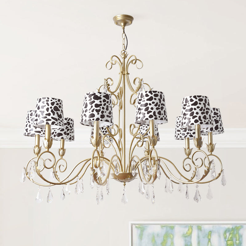 Zebra Print Conical Chandelier With Classic Fabric Shade - 6/8/10 Heads Ceiling Pendant In Gold