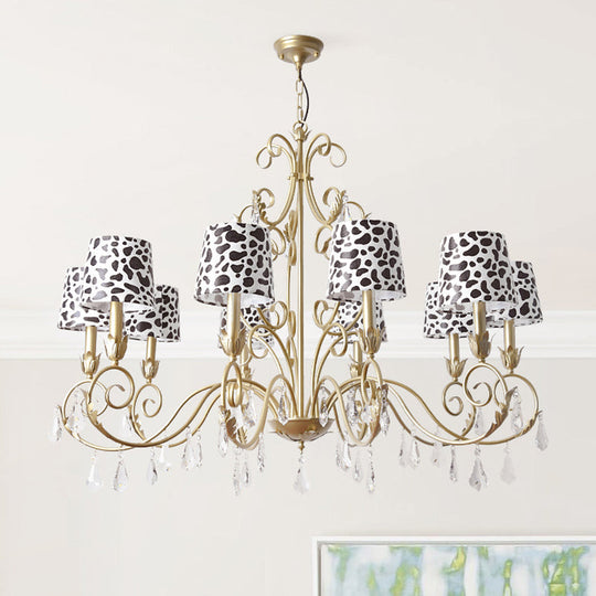 Zebra Print Conical Chandelier With Classic Fabric Shade - 6/8/10 Heads Ceiling Pendant In Gold