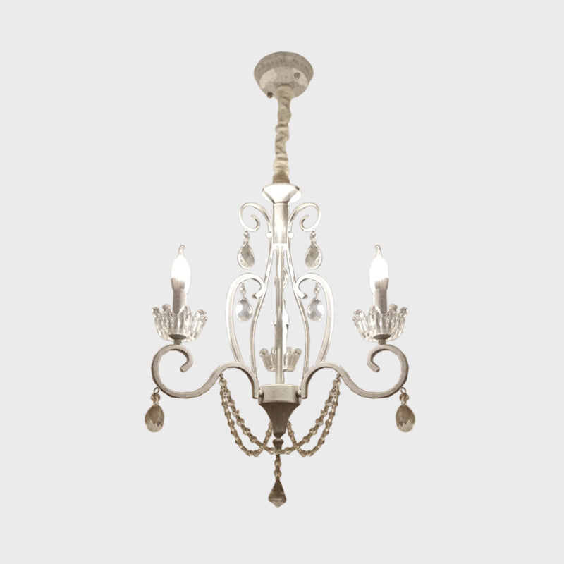 White Crystal Pendant Chandelier: Classic Candlestick Ceiling Hang With 3 Bulbs And Scroll Arm