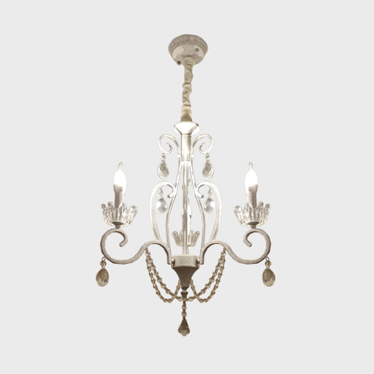 White Crystal Pendant Chandelier: Classic Candlestick Ceiling Hang With 3 Bulbs And Scroll Arm