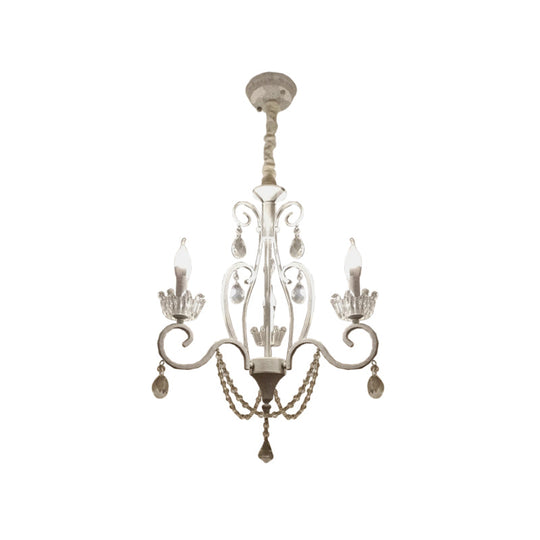 White Crystal Pendant Chandelier: Classic Candlestick Ceiling Hang With 3 Bulbs And Scroll Arm