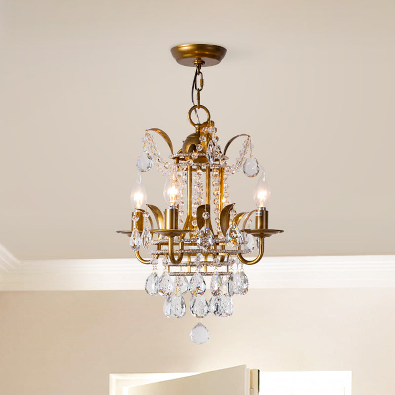 Classic Gold Metal Chandelier With 4-Light Lantern Design And Crystal Droplet Accents