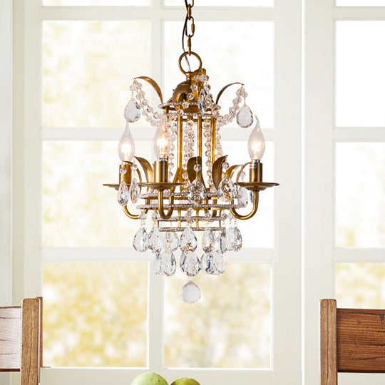 Classic Gold Metal Chandelier With 4-Light Lantern Design And Crystal Droplet Accents