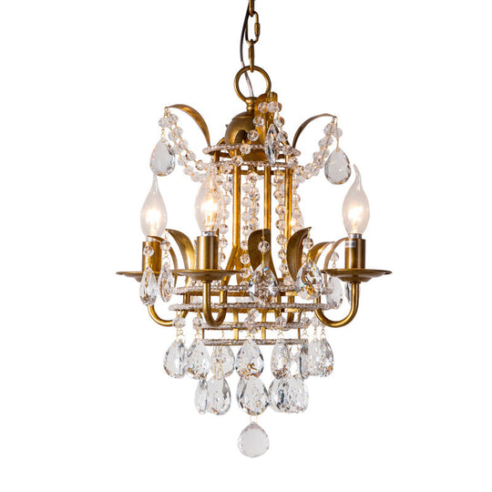 Classic Gold Metal Chandelier With 4-Light Lantern Design And Crystal Droplet Accents