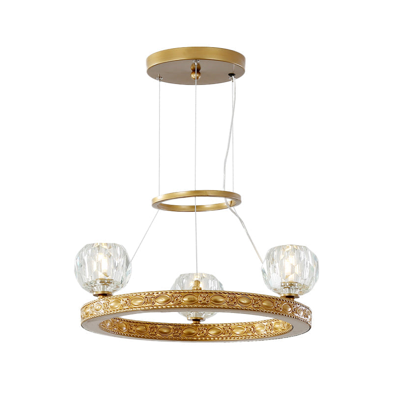 Modern Crystal Prisms 3-Head Gold Chandelier - Globe Parlor Suspended Lighting Fixture with Elegant Ring Design