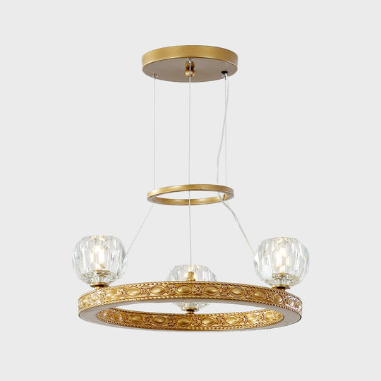 Modern Crystal Prisms 3-Head Gold Chandelier - Globe Parlor Suspended Lighting Fixture with Elegant Ring Design