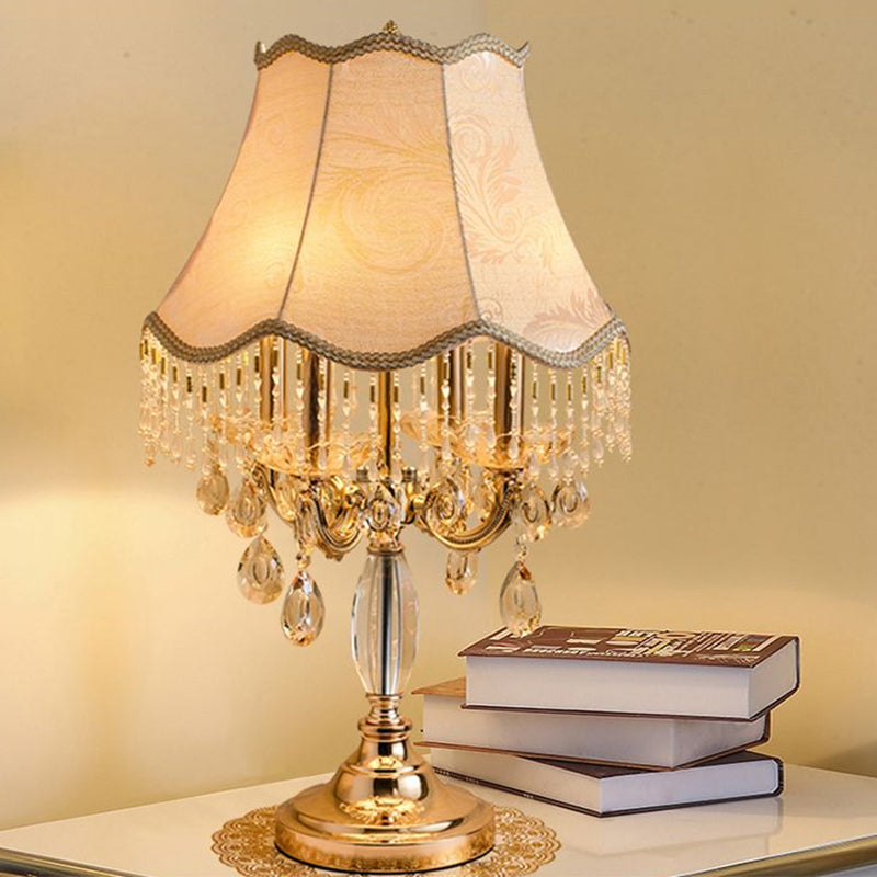 Traditional Gold Table Light With Crystal Draping & Flared Fabric Shade