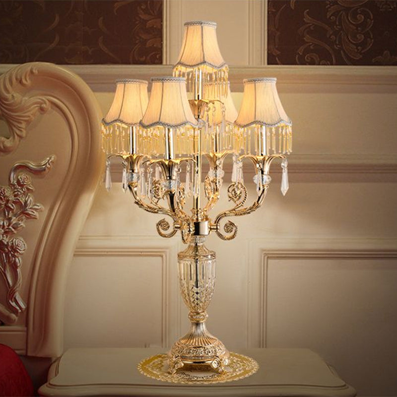 Traditional Gold Candlestick Table Lamp With Crystal Spears And Optional Fabric Bell Shade - Set Of