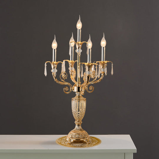 Traditional Gold Candlestick Table Lamp With Crystal Spears And Optional Fabric Bell Shade - Set Of