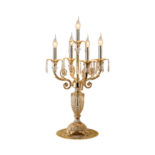 Traditional Gold Candlestick Table Lamp With Crystal Spears And Optional Fabric Bell Shade - Set Of