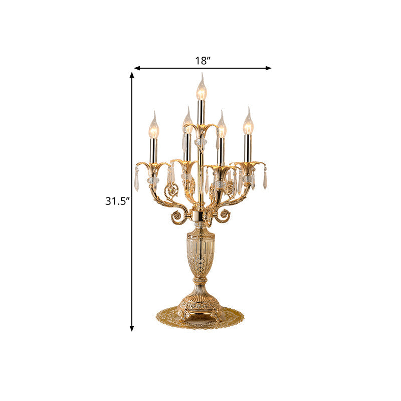 Traditional Gold Candlestick Table Lamp With Crystal Spears And Optional Fabric Bell Shade - Set Of