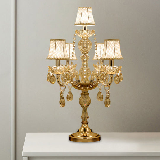 Traditional Gold Crystal Candelabra Table Lamp With White Bell Fabric Shade (5/6 Heads) Nightstand