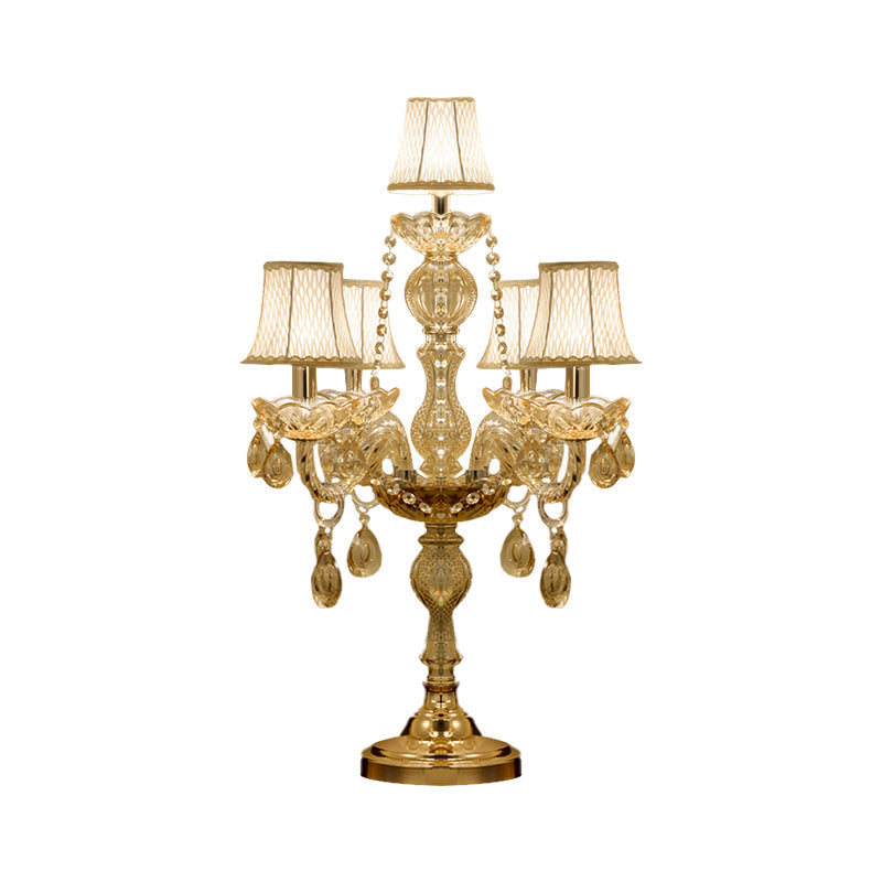 Traditional Gold Crystal Candelabra Table Lamp With White Bell Fabric Shade (5/6 Heads) Nightstand