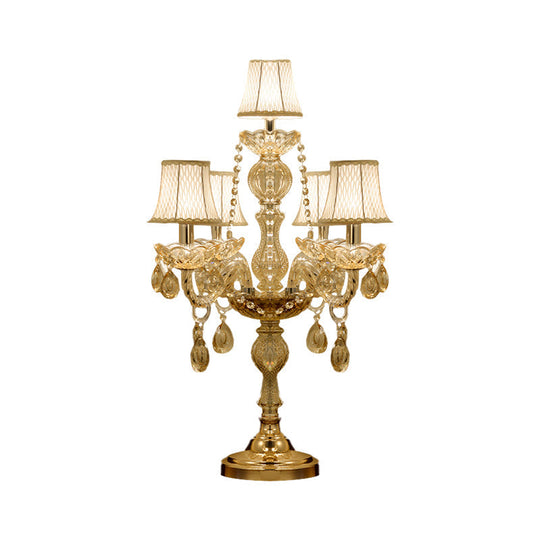 Traditional Gold Crystal Candelabra Table Lamp With White Bell Fabric Shade (5/6 Heads) Nightstand