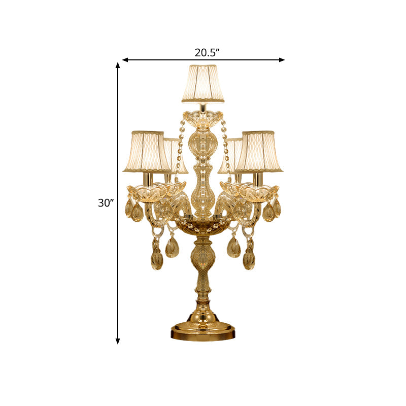 Traditional Gold Crystal Candelabra Table Lamp With White Bell Fabric Shade (5/6 Heads) Nightstand