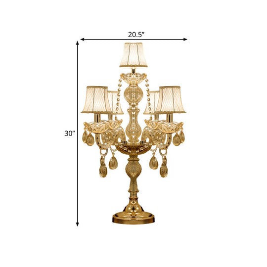 Traditional Gold Crystal Candelabra Table Lamp With White Bell Fabric Shade (5/6 Heads) Nightstand