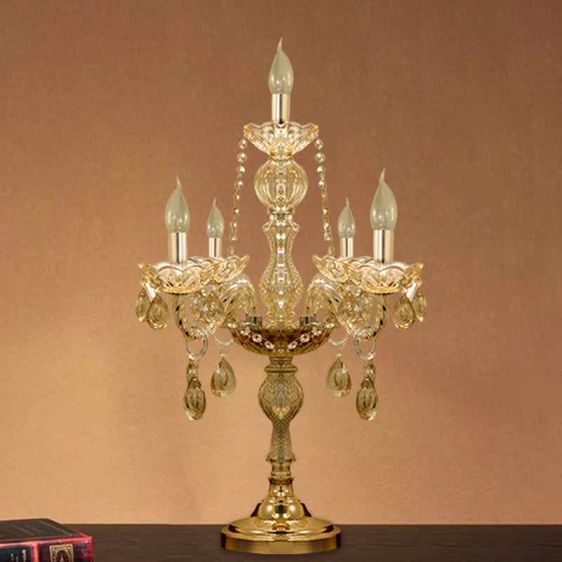 Traditional Gold Crystal Candelabra Table Lamp With White Bell Fabric Shade (5/6 Heads) Nightstand