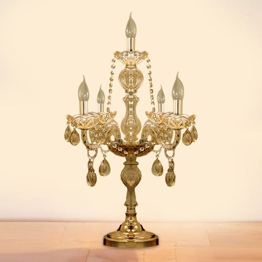 Traditional Gold Crystal Candelabra Table Lamp With White Bell Fabric Shade (5/6 Heads) Nightstand