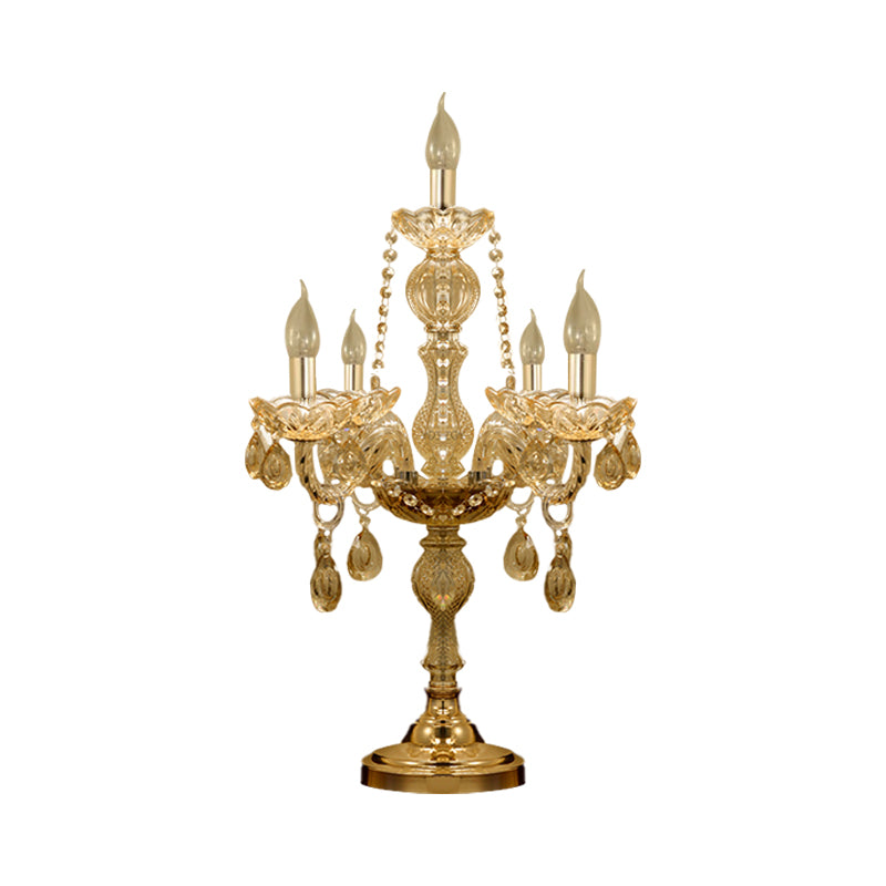 Traditional Gold Crystal Candelabra Table Lamp With White Bell Fabric Shade (5/6 Heads) Nightstand