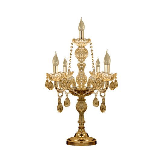 Traditional Gold Crystal Candelabra Table Lamp With White Bell Fabric Shade (5/6 Heads) Nightstand