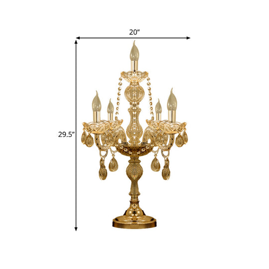 Traditional Gold Crystal Candelabra Table Lamp With White Bell Fabric Shade (5/6 Heads) Nightstand