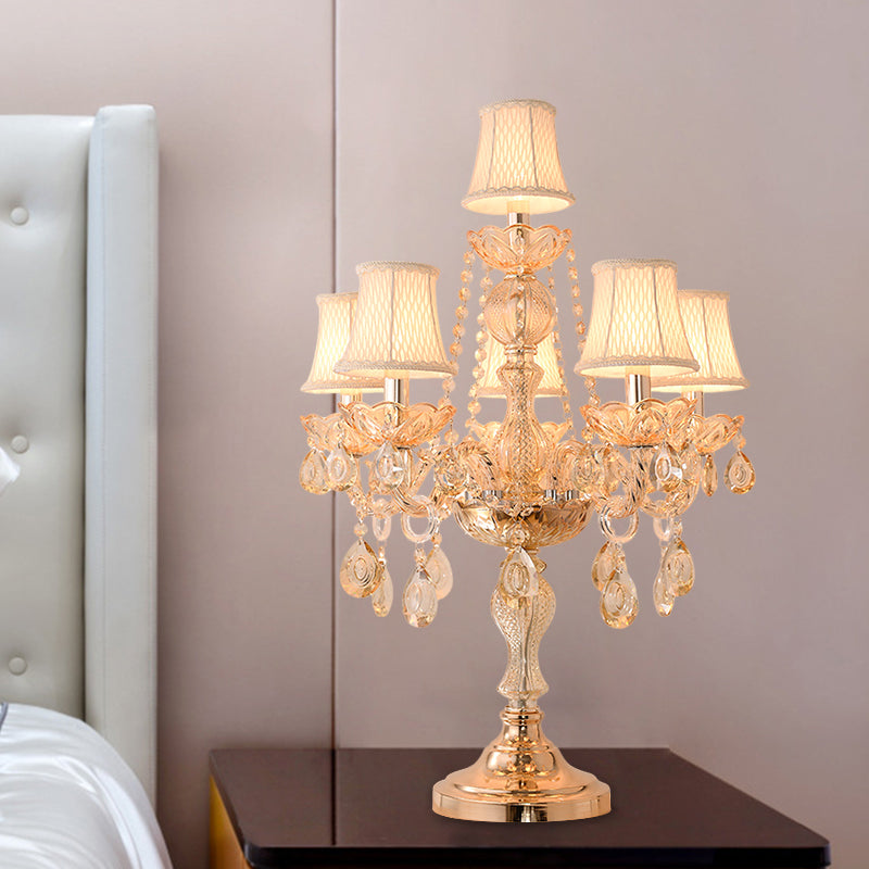 Traditional Gold Crystal Candelabra Table Lamp With White Bell Fabric Shade (5/6 Heads) Nightstand